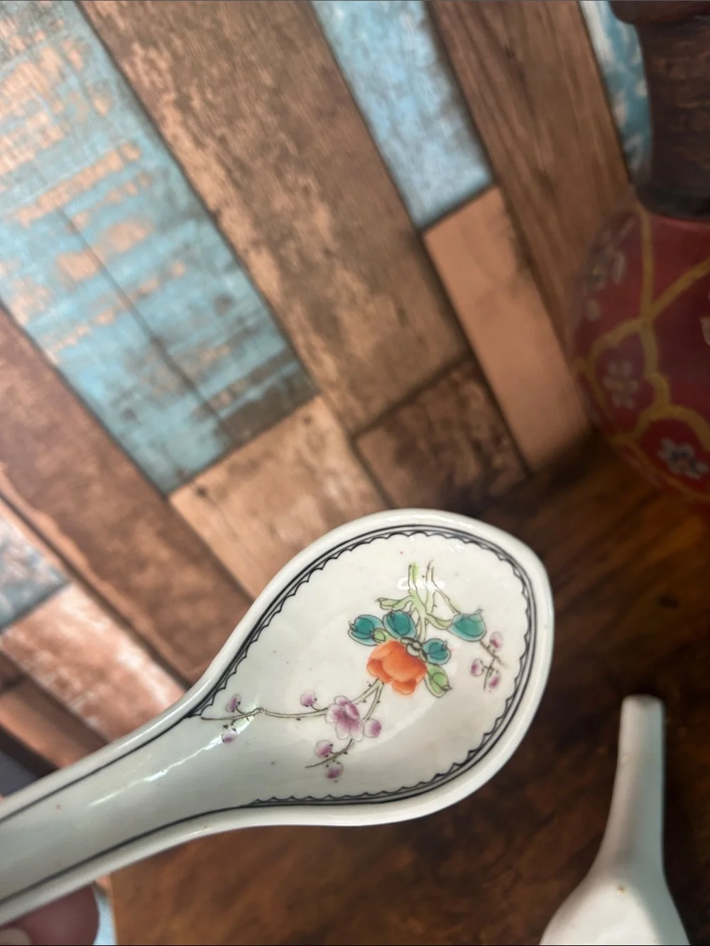 Porcelain Floral Soup Spoons - White with Orange Floral Accent